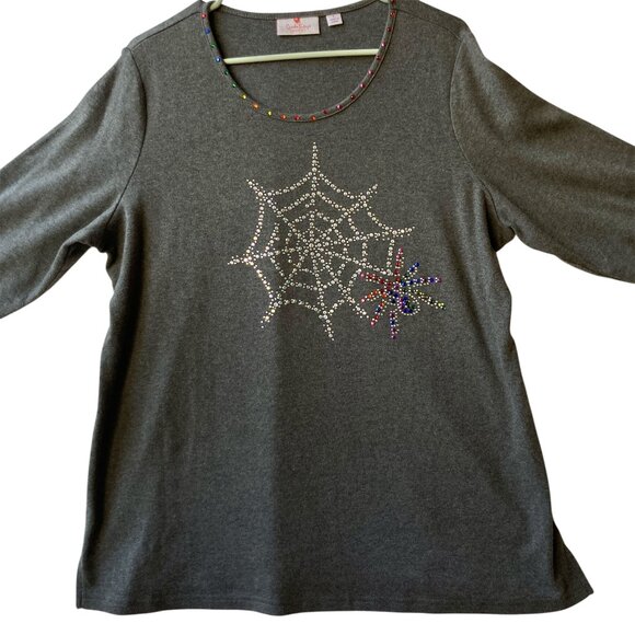 Quacker Factory Womens Shirt Spider Web Size Large Gray Grey Jersey Rhinestones - Picture 1 of 16